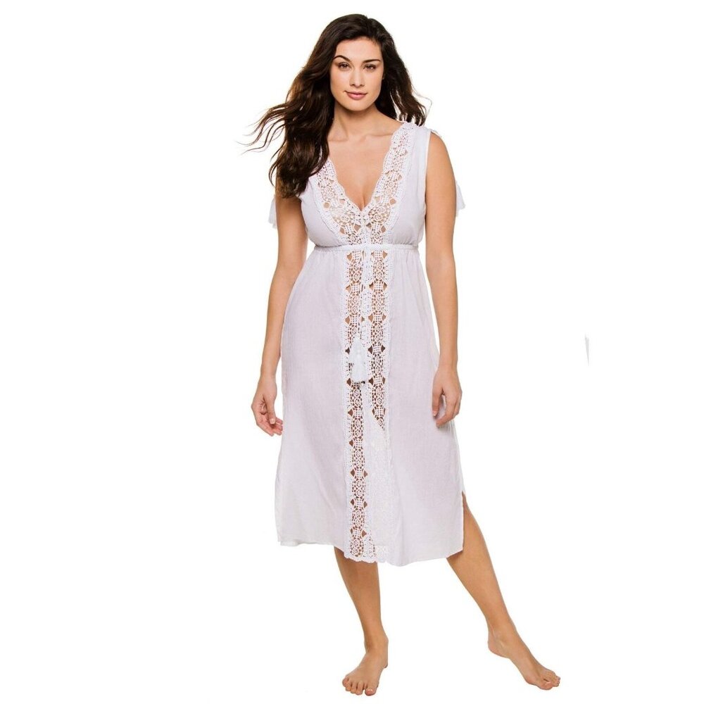 La Blanca Women's Island Fare Gauze Lace Trim Midi Cover-Up White B4HP $103